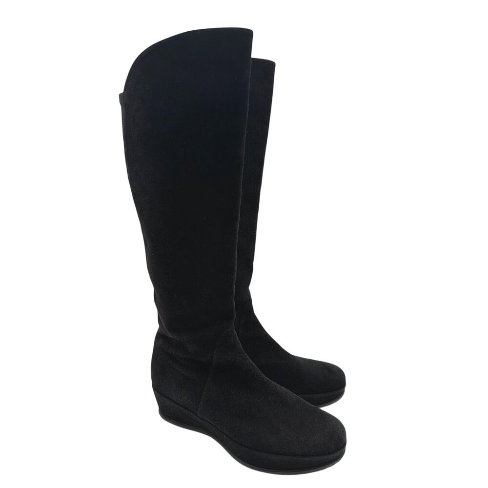 Stuart Weitzman 5050 Black Suede OTK Boots 8.5 NHidden Wedge Stretch Back Zip